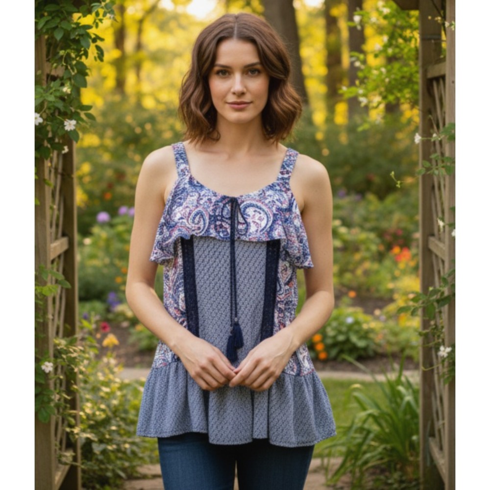 DR2 Daniel Rainn S Tank Women's Blue Paisley Peplum Y2K Retro Boho Babydoll